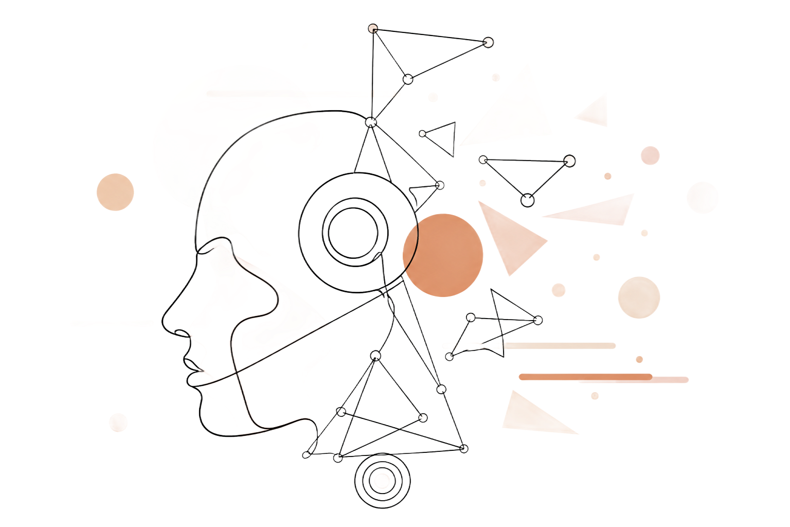 Line illustration of a face merged with a network of connected nodes