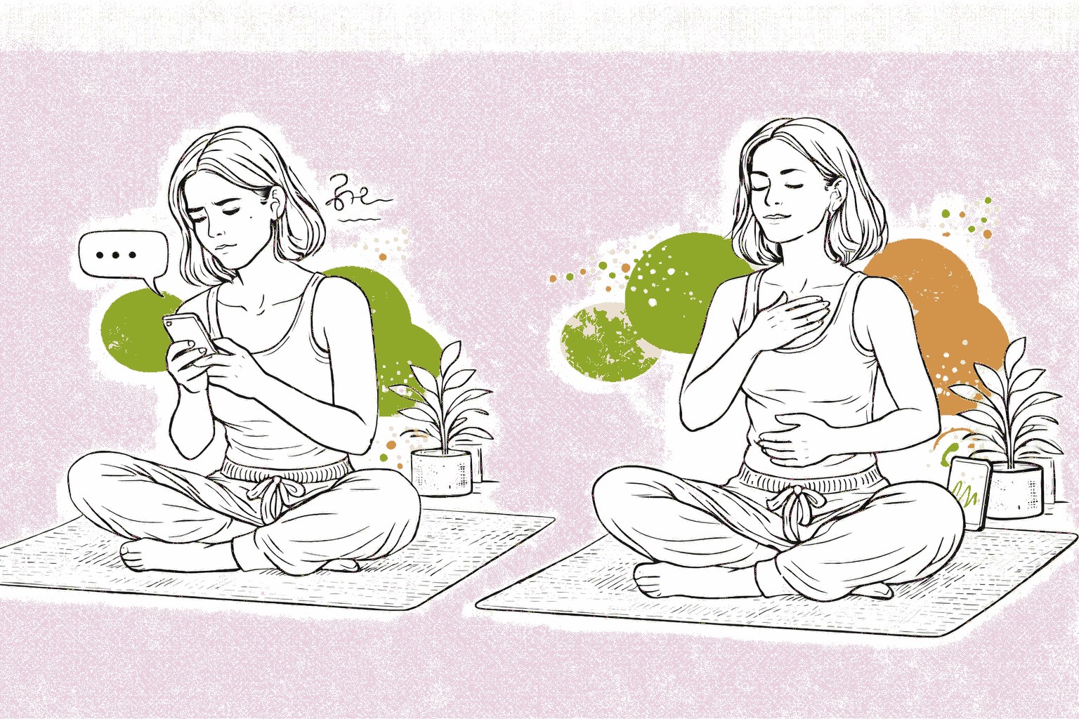 Line illustration comparing anxious phone scrolling with calm mindful breathing