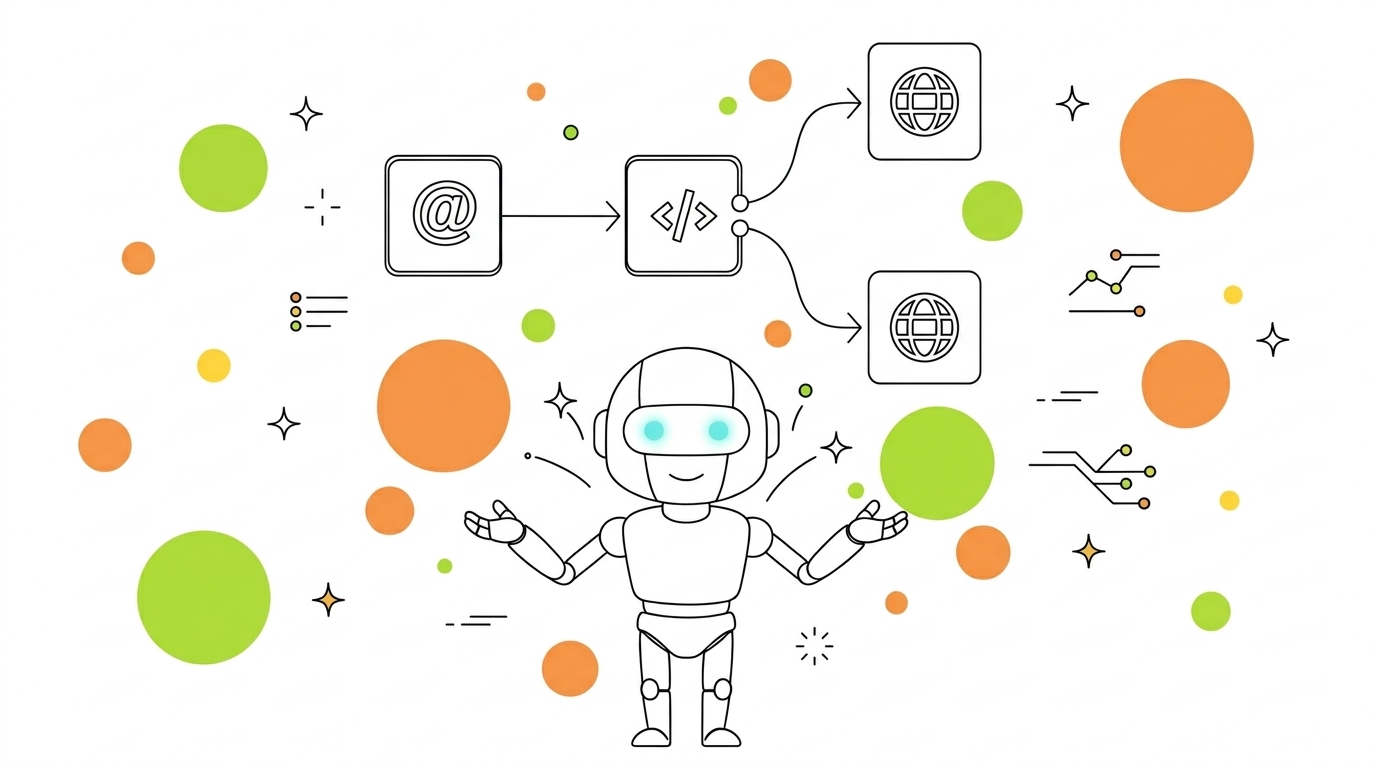 Line illustration of a friendly robot beneath a workflow diagram linking email, code and web tools