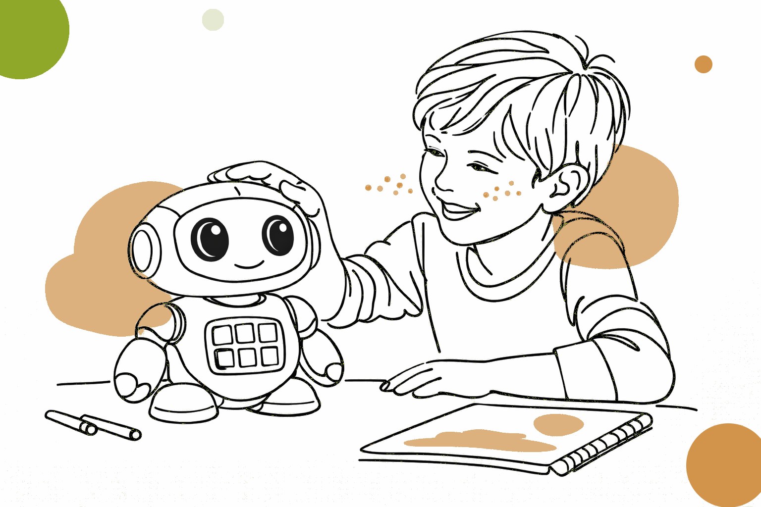 Line illustration of a friendly robot and a child at a desk