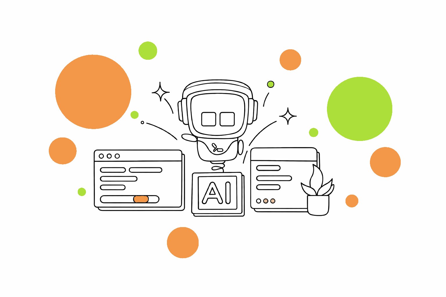 Line illustration of an AI robot between two browser windows