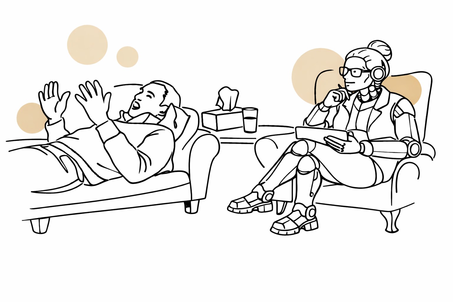 Line illustration of a client on a couch talking to a robot therapist