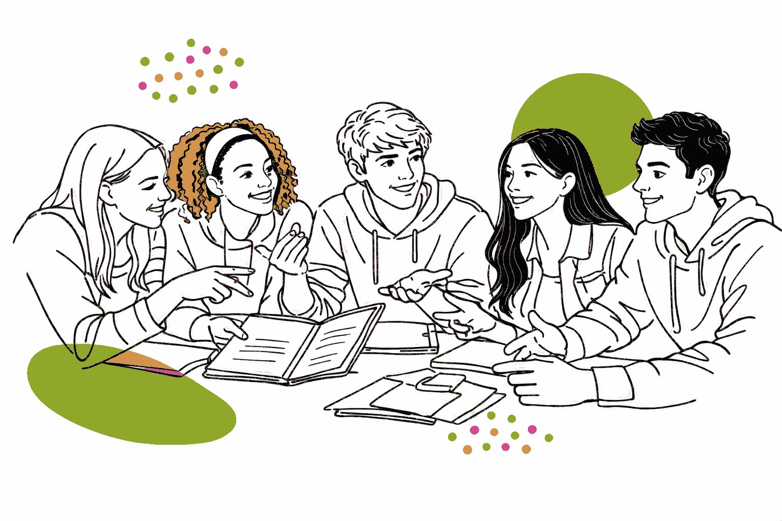 Line illustration of five students discussing around a table with books