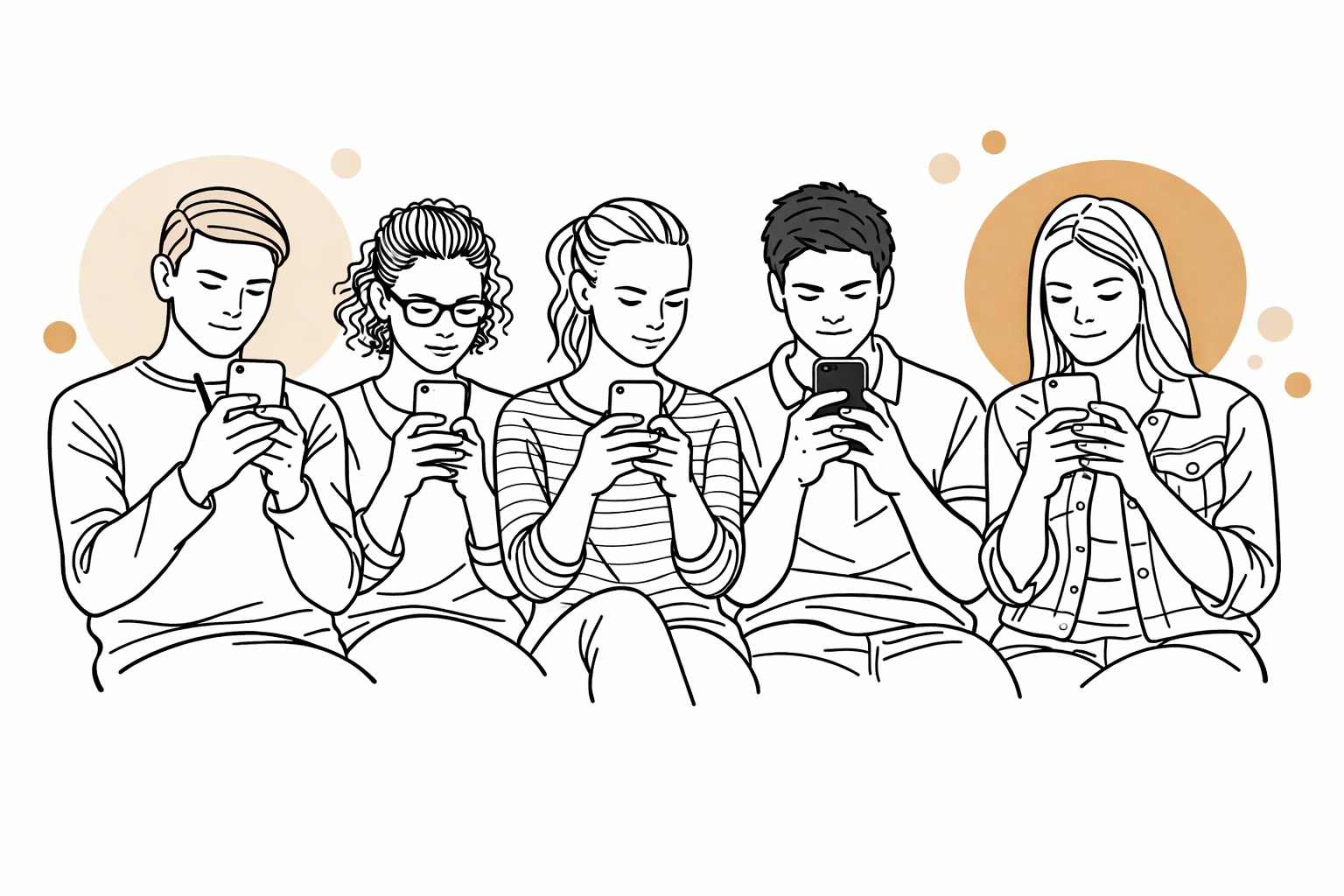 Line illustration of five teenagers each looking at their phones
