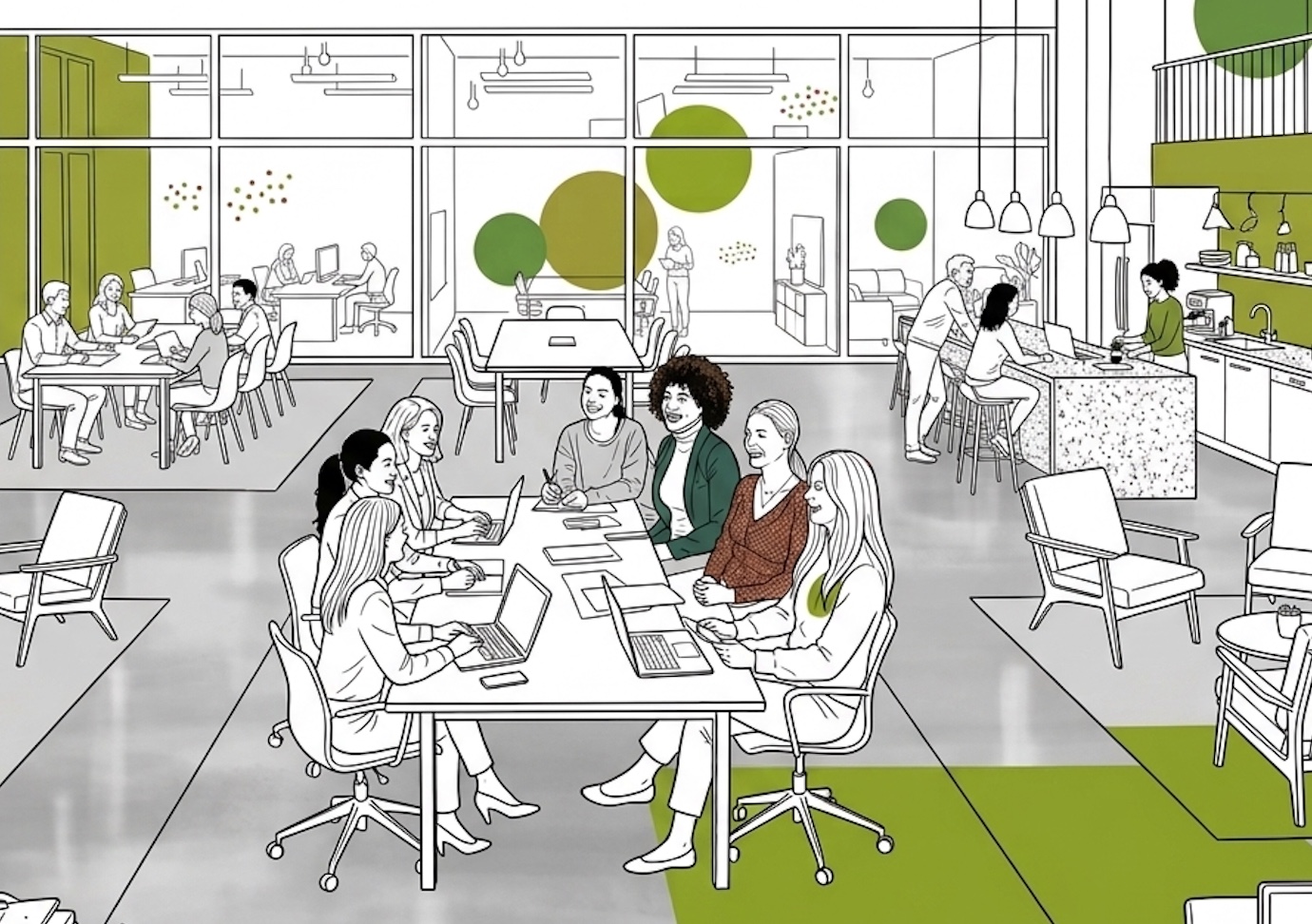 Line illustration of an open-plan office with a group of women working together at a shared table