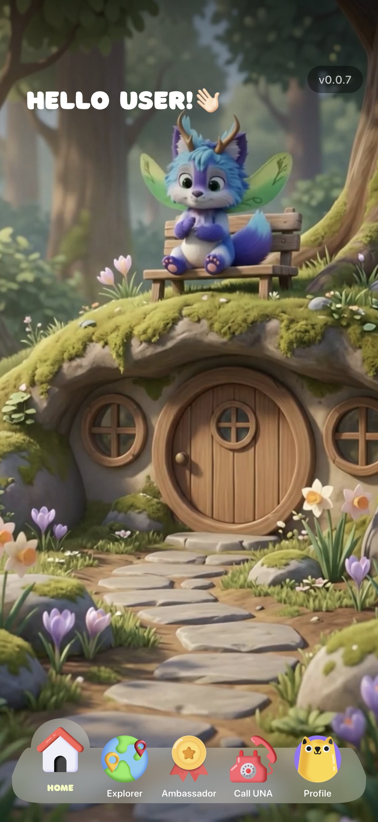 Unomundi home screen with Una the mascot
